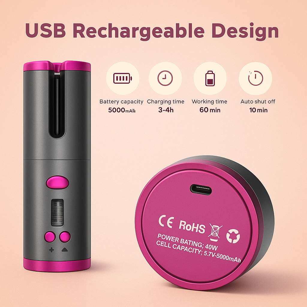 Cordless Automatic Hair Curler (Ceramic, USB Rechargeable)