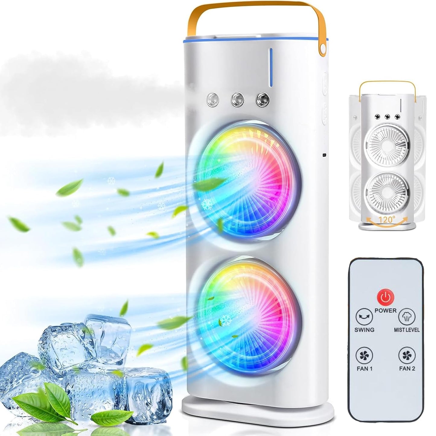 Double Ended Mist Spray Fan (USB Rechargeable, 280ml Water, 7-Color LED, Remote)