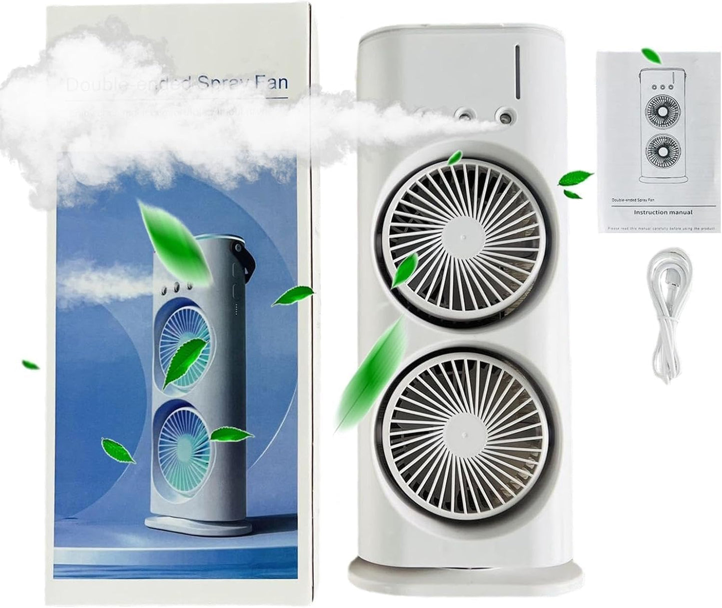Double Ended Mist Spray Fan (USB Rechargeable, 280ml Water, 7-Color LED, Remote)
