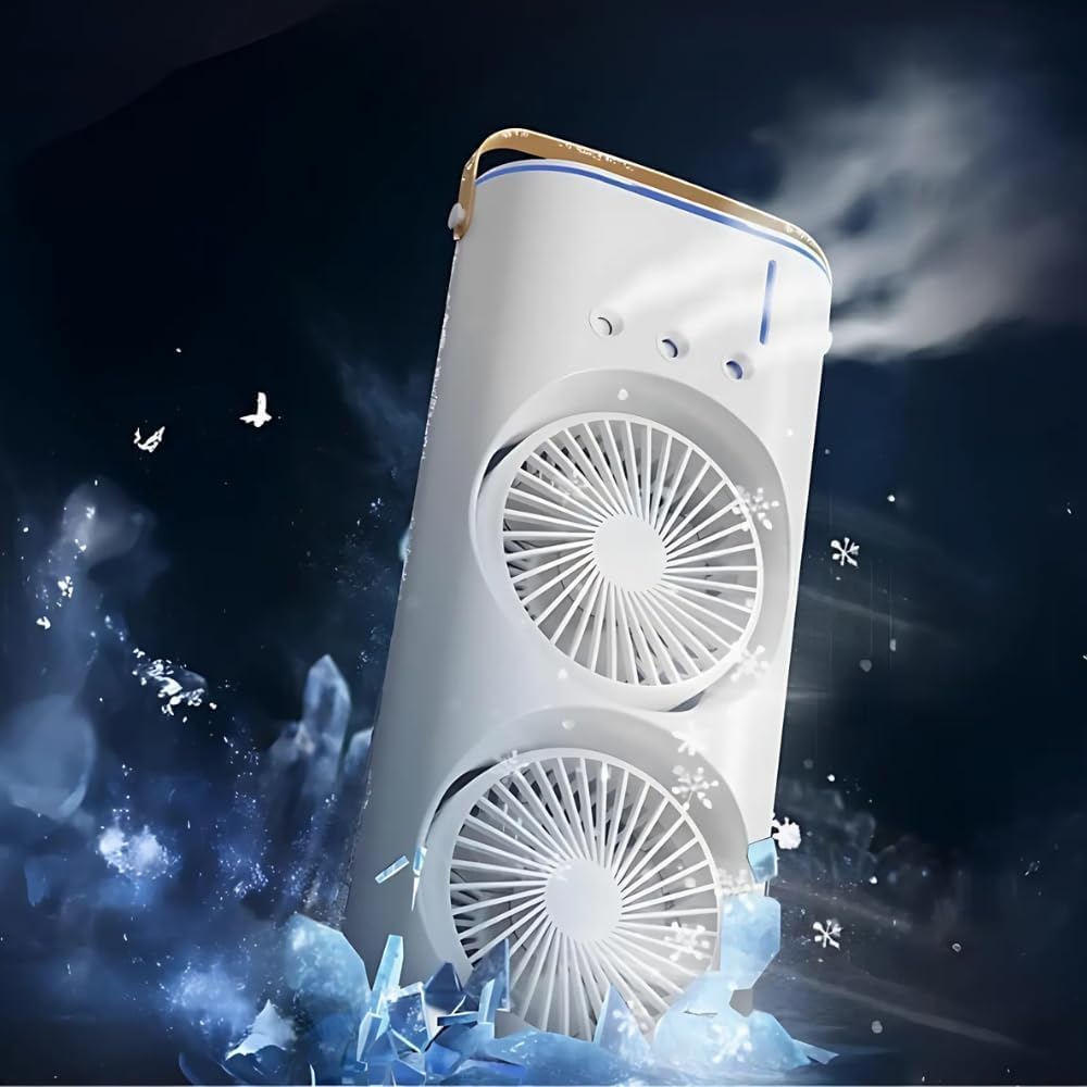 Double Ended Mist Spray Fan (USB Rechargeable, 280ml Water, 7-Color LED, Remote)