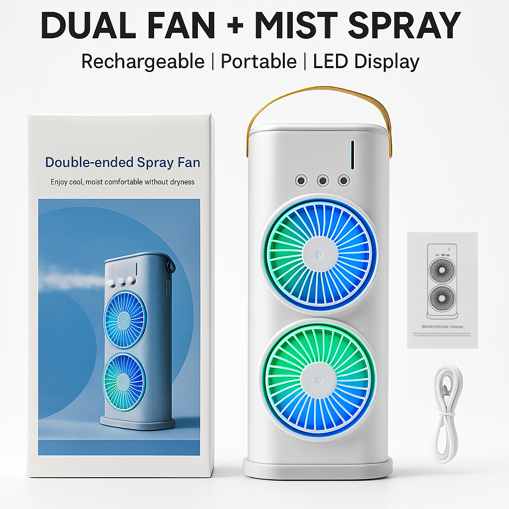 Double Ended Mist Spray Fan (USB Rechargeable, 280ml Water, 7-Color LED, Remote)