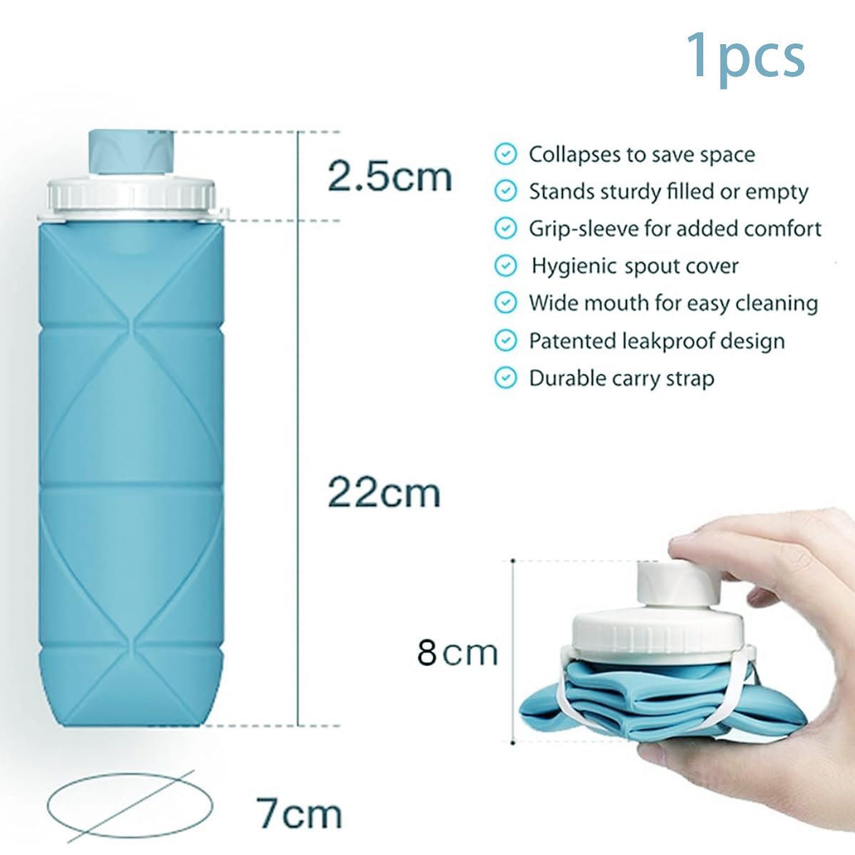 Folding Silicone Water Bottle (600ml, Collapsible, Multi-Colour)