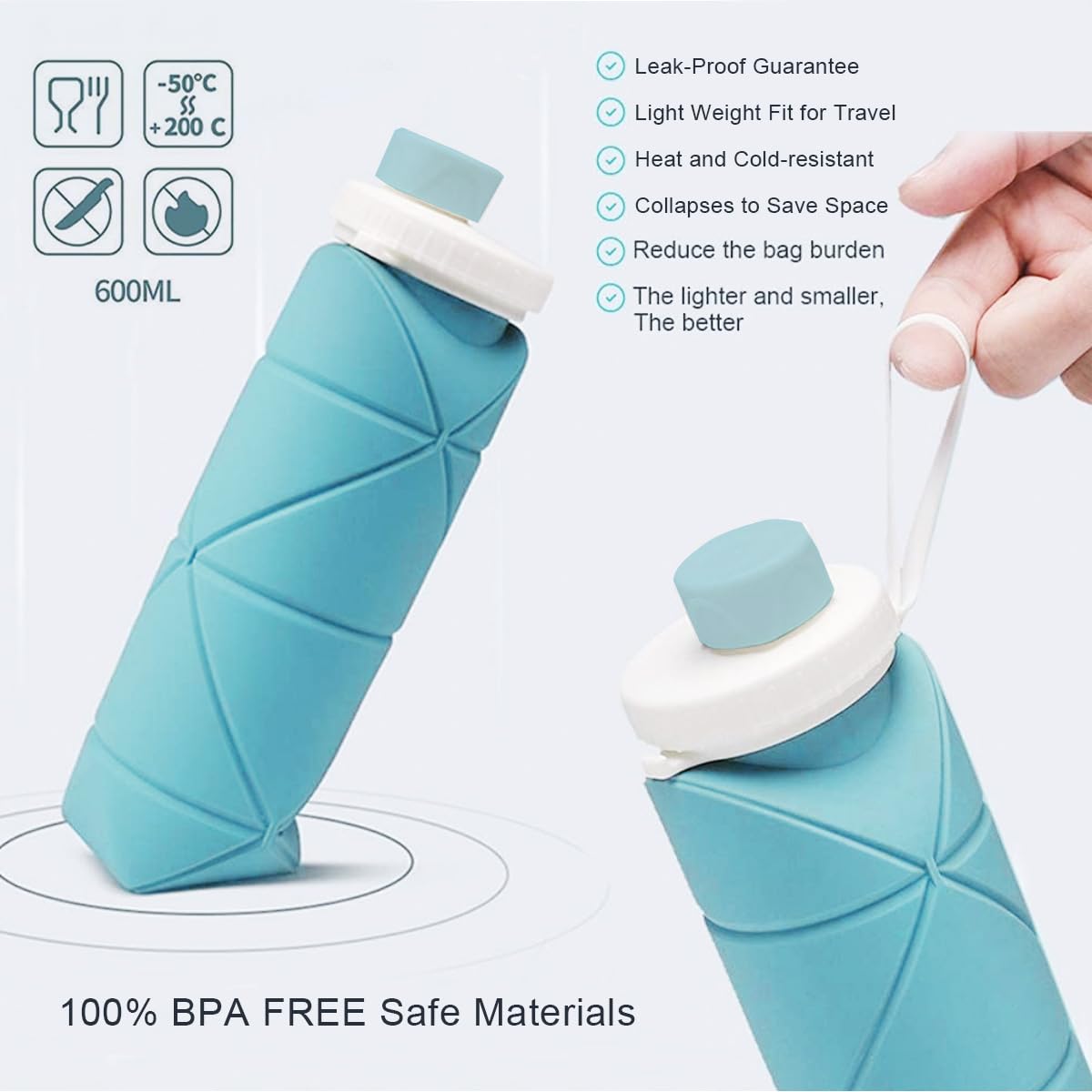 Folding Silicone Water Bottle (600ml, Collapsible, Multi-Colour)