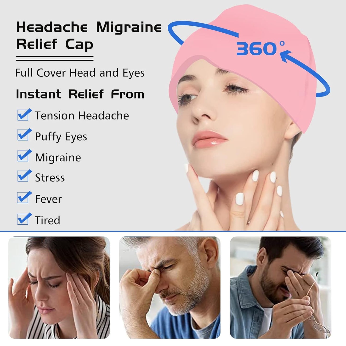Headache Migraine Relief Cap (360° Gel Head & Eye Wrap, Hot/Cold Therapy, Pink)