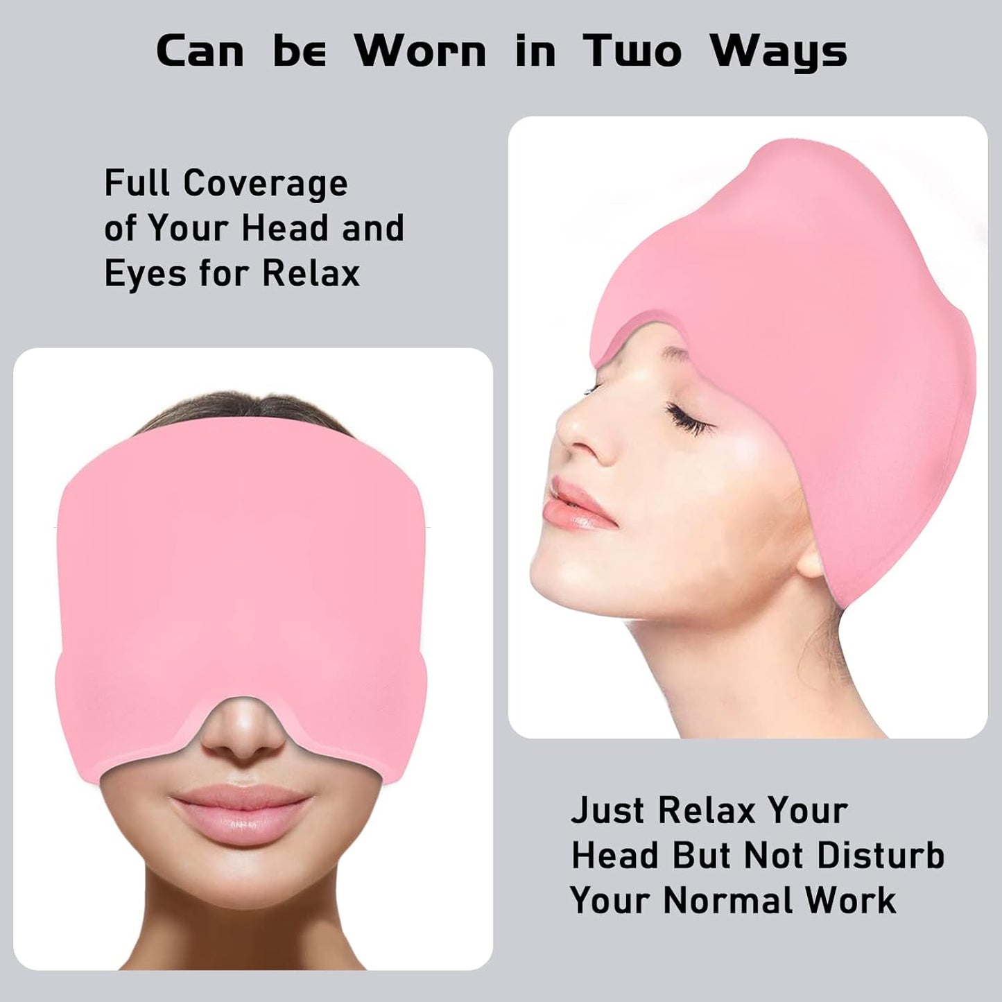 Headache Migraine Relief Cap (360° Gel Head & Eye Wrap, Hot/Cold Therapy, Pink)