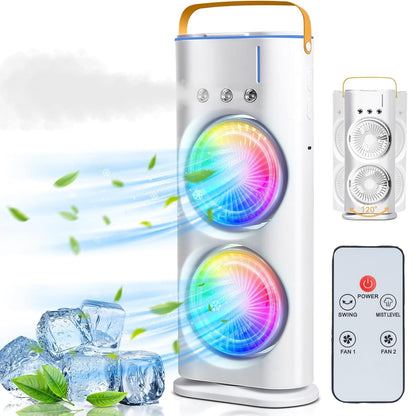Double Ended Mist Spray Fan (USB Rechargeable, 280ml Water, 7-Color LED, Remote)