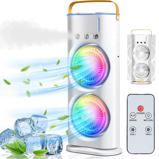 Double Ended Mist Spray Fan (USB Rechargeable, 280ml Water, 7-Color LED, Remote)