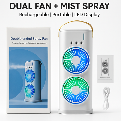 Double Ended Mist Spray Fan (USB Rechargeable, 280ml Water, 7-Color LED, Remote)
