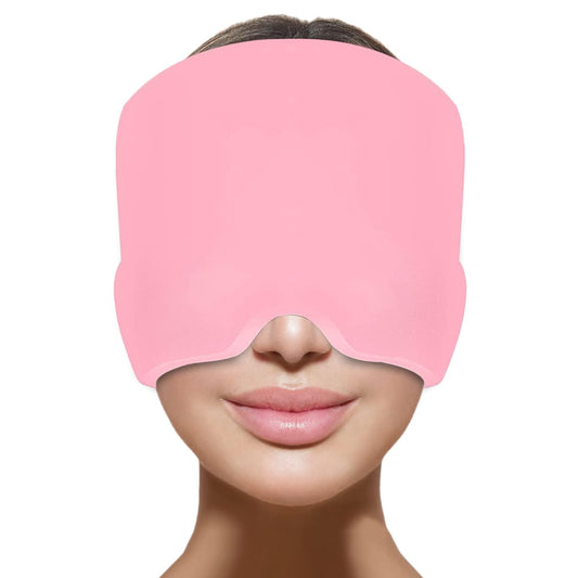 Headache Migraine Relief Cap (360° Gel Head & Eye Wrap, Hot/Cold Therapy, Pink)
