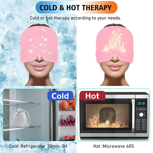 Headache Migraine Relief Cap (360° Gel Head & Eye Wrap, Hot/Cold Therapy, Pink)