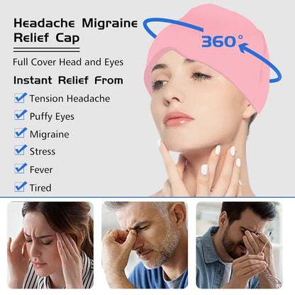 Headache Migraine Relief Cap (360° Gel Head & Eye Wrap, Hot/Cold Therapy, Pink)